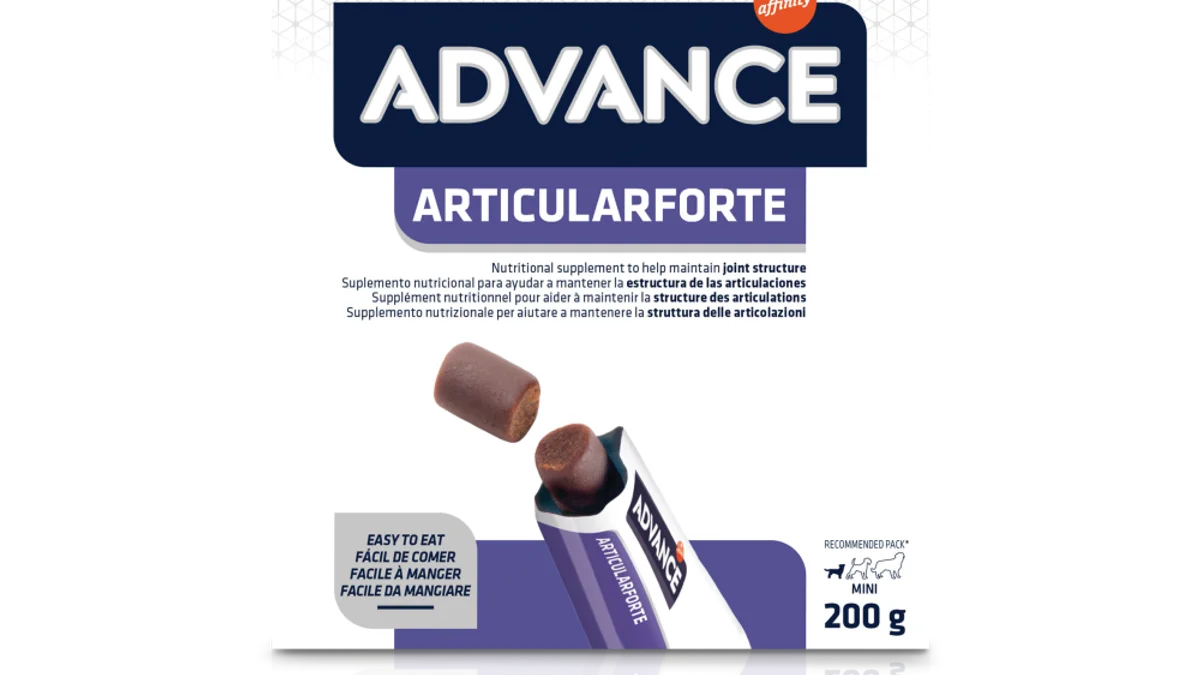ADVANCE Articularforte — alimento complementario para perros en sticks blandos con glucosamina, sulfato de condroitina y ácido hialurónico. Formatos: caja de 20 sobres × 2 partículas de 5 g (200 g) y caja de 40 partículas de 5 g (400 g)