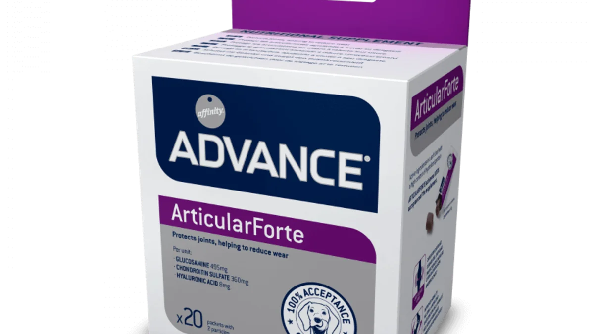 ADVANCE Articularforte — alimento complementario para perros en sticks blandos con glucosamina, sulfato de condroitina y ácido hialurónico. Formatos: caja de 20 sobres × 2 partículas de 5 g (200 g) y caja de 40 partículas de 5 g (400 g) foto 2