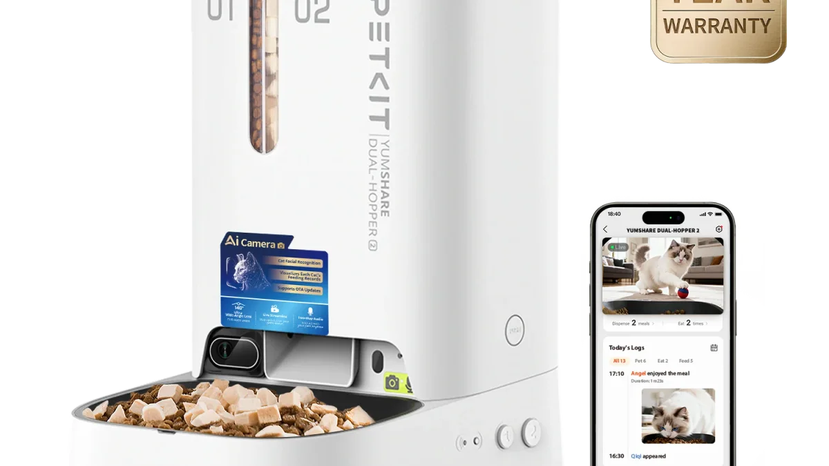 PETKIT YumShare Dual-Hopper 2 P592, comedero automático con cámara 1080P, reconocimiento facial multi-gato, doble tolva de 5 L y WiFi 2,4 + 5 GHz